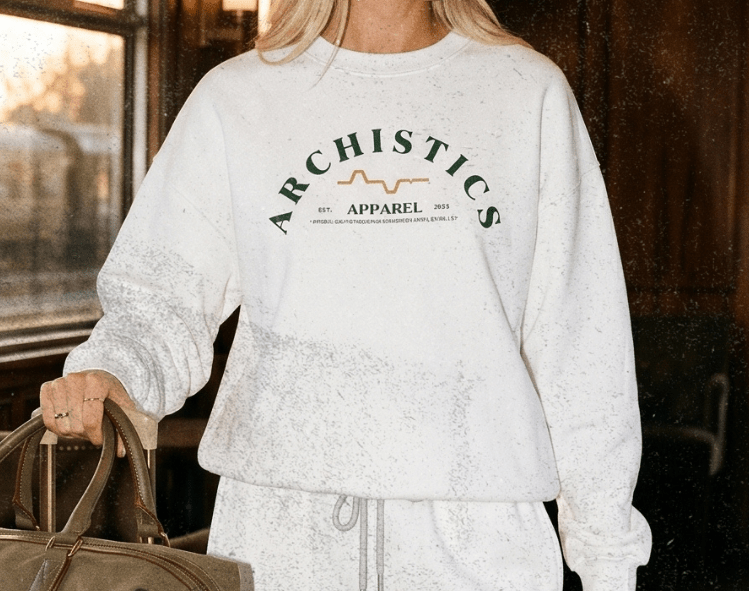 Person in a white tracksuit with 'Archistics' logo, standing in a train carriage with luggage.