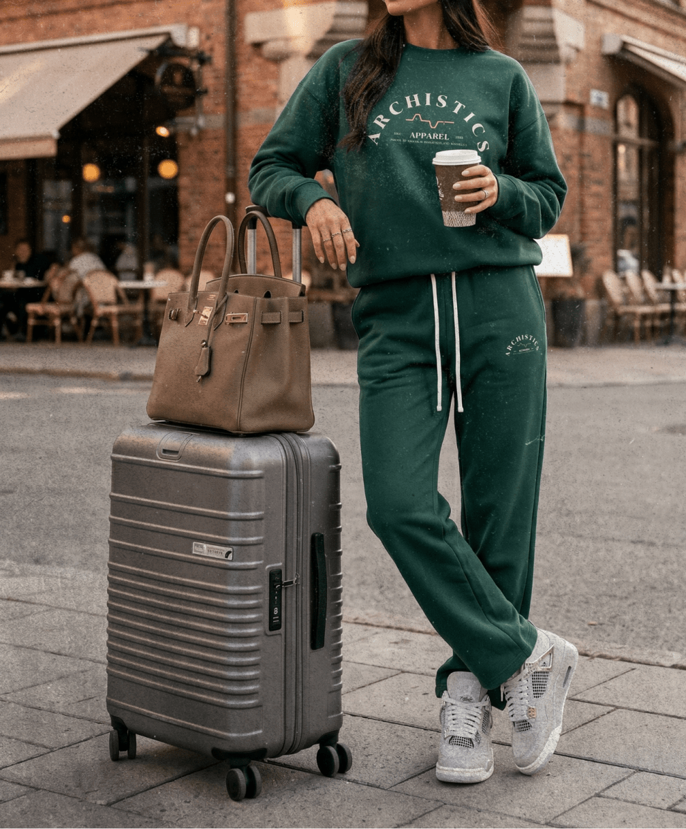 Person in green tracksuit with a suitcase on a city street