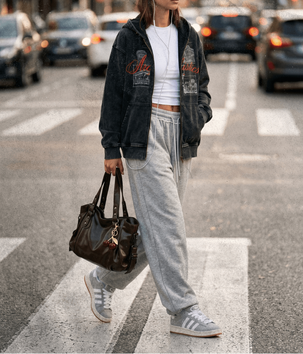 Person walking on a city street wearing a black jacket with red text, gray pants, and a cap.