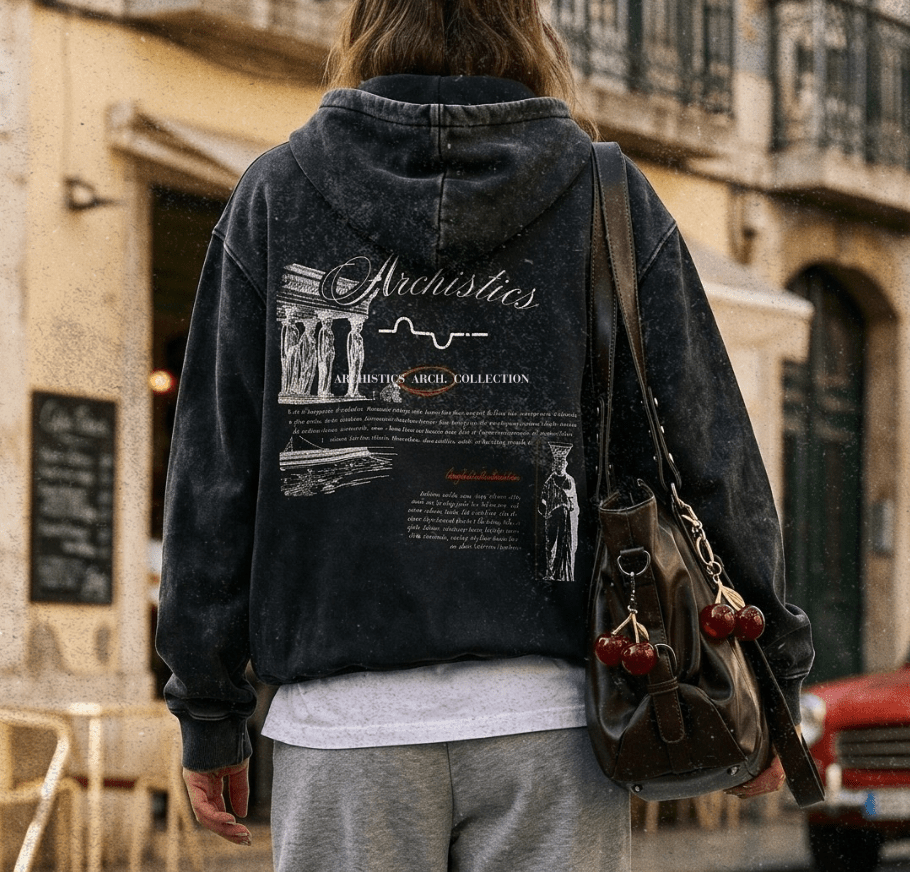 Person walking on a street wearing a black hoodie with text and graphics, gray sweatpants, and a cap.