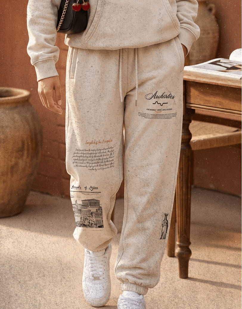 Person wearing a beige hoodie and jogger set with 'Antarctica' text, standing in front of a rustic wall.