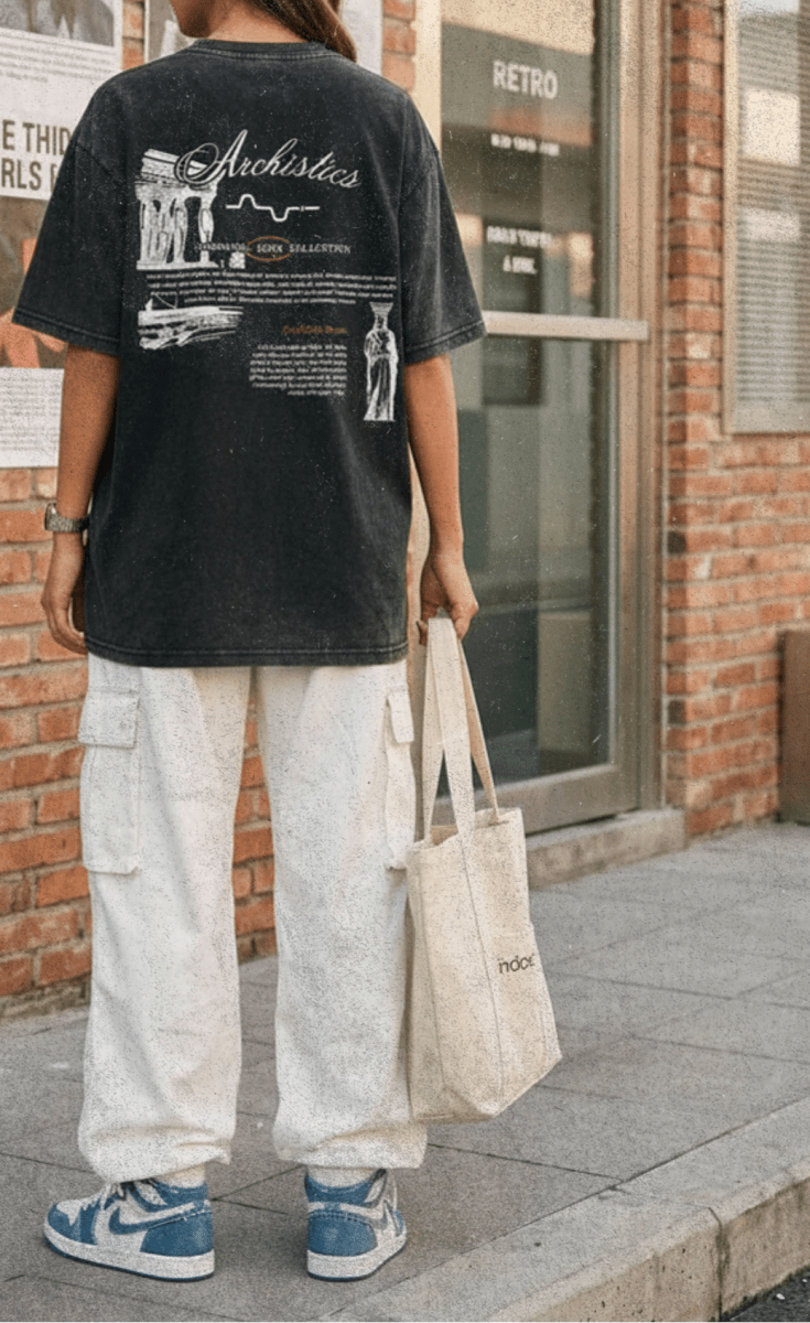 Person wearing a black t-shirt with graphic design, standing outside a building with posters on the wall.
