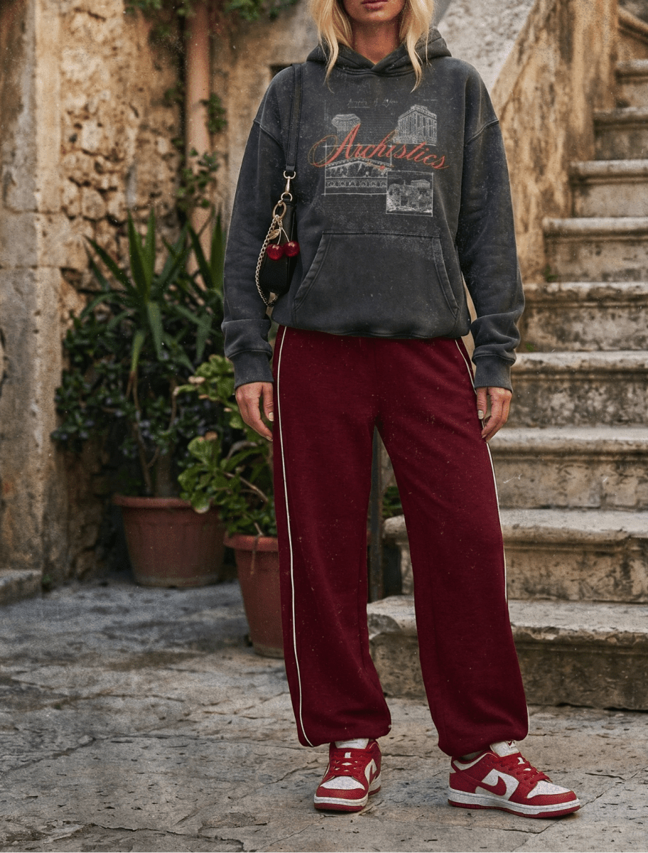 Person wearing a gray hoodie and red tracksuit standing on stone steps with plants around.