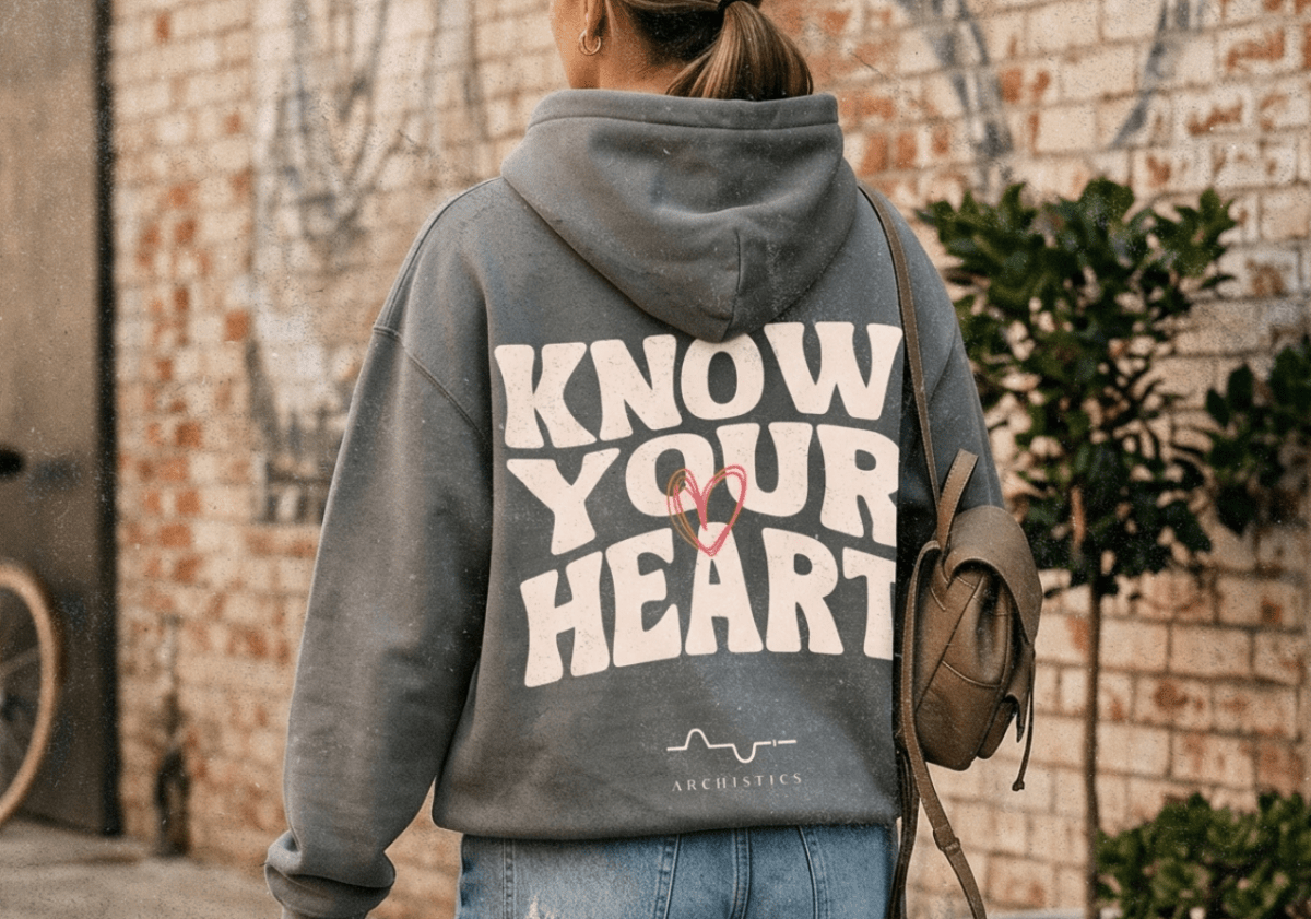 Person wearing a hoodie with 'Know Your Heart' text, walking outdoors.