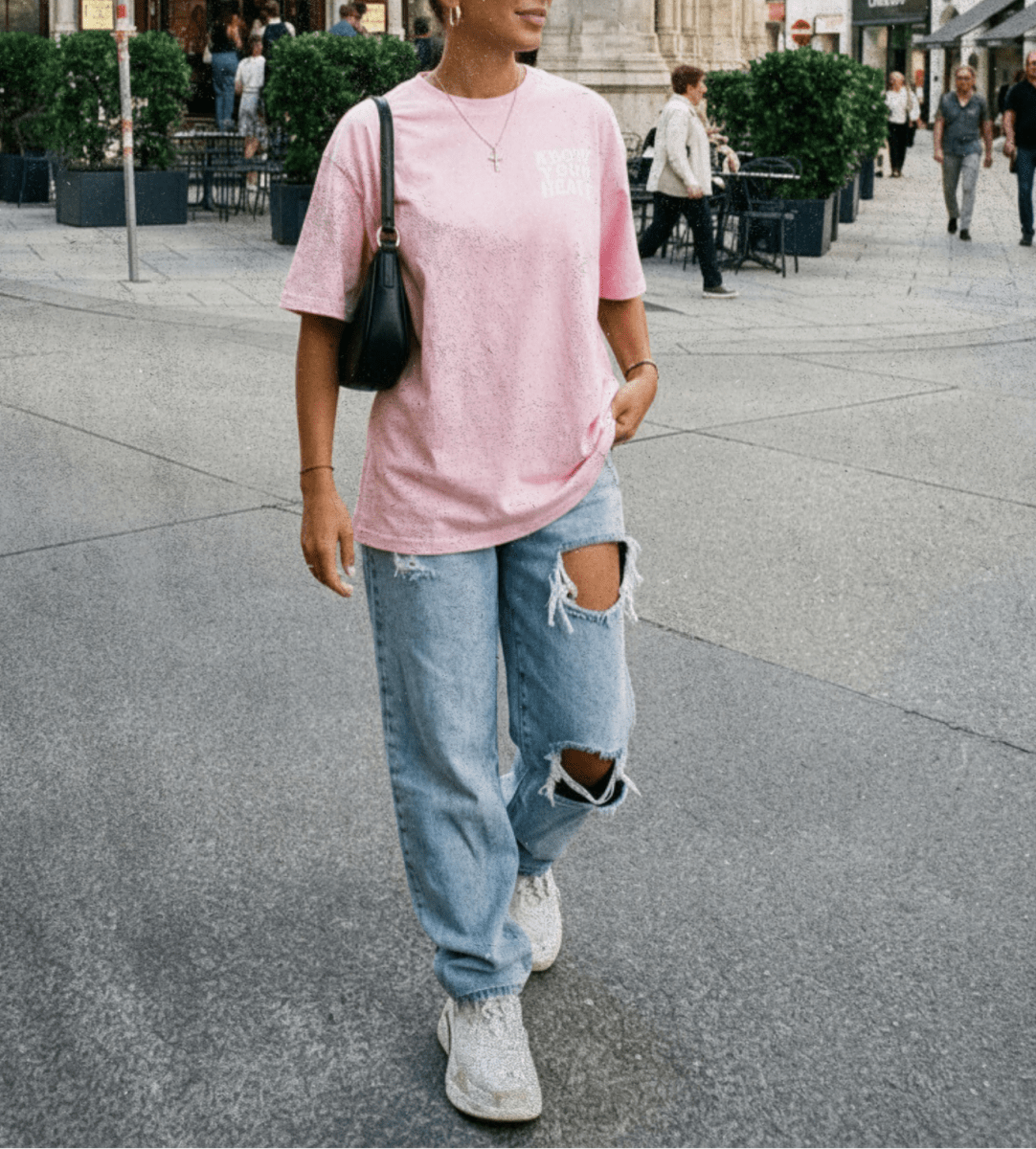 Person wearing a pink t-shirt and ripped jeans walking on a city street.