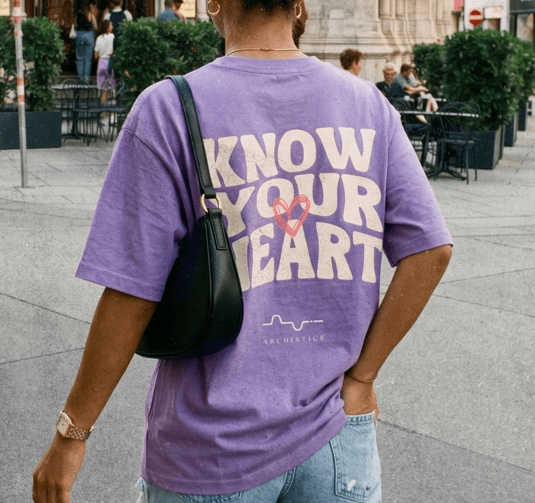 Person wearing a purple t-shirt with text on a city street