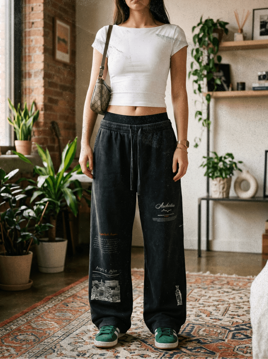 Person wearing a white crop top and black pants with text in a room with plants and decor.