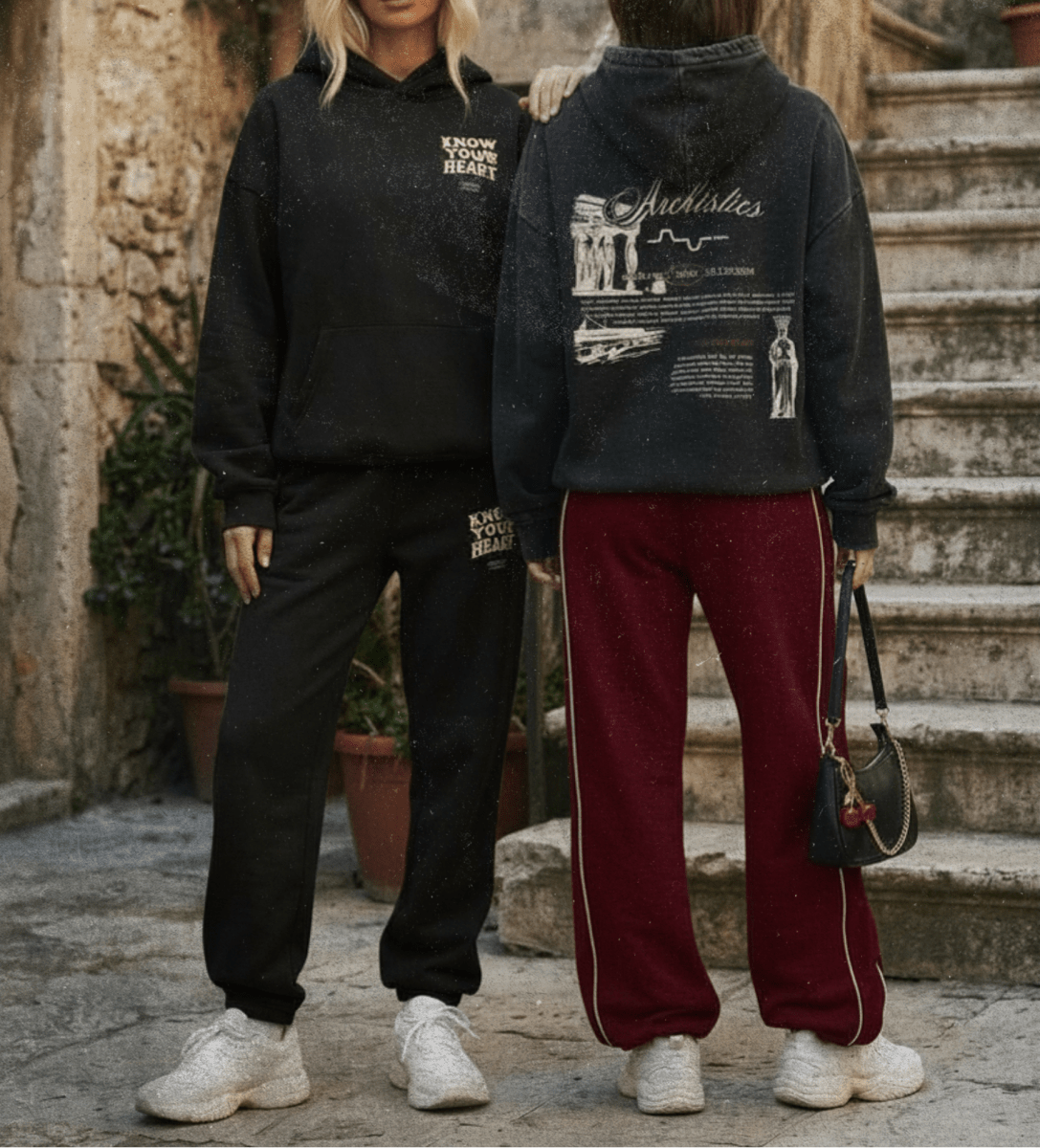 Two people wearing black hoodies with visible text, standing on a stone street.