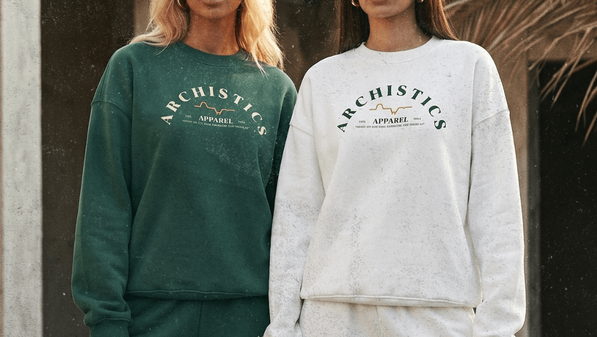 Two people wearing green and white sweatsuits with 'Archistics' branding in an outdoor setting.