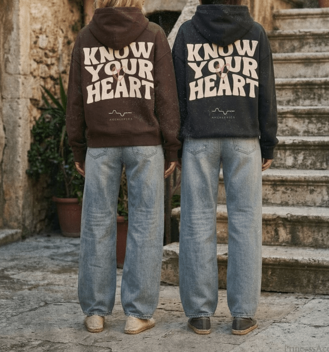 Two people wearing hoodies with 'Know Your Heart' text on the back, standing on stone steps.