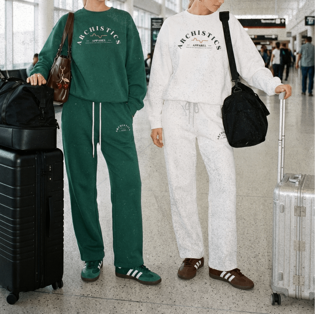 Two women in green and white tracksuits with bags and suitcases at an airport.