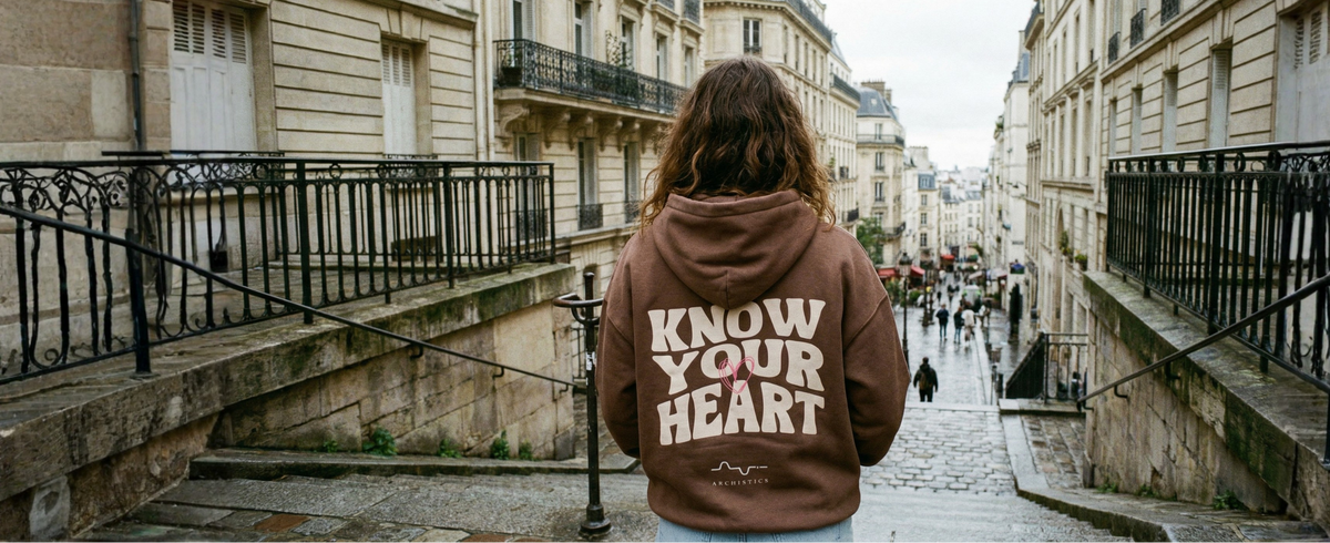 Person wearing a brown hoodie with "KNOW YOUR HEART" text on the back, standing on a stone staircase in a European-style city street with historic buildings and railings.