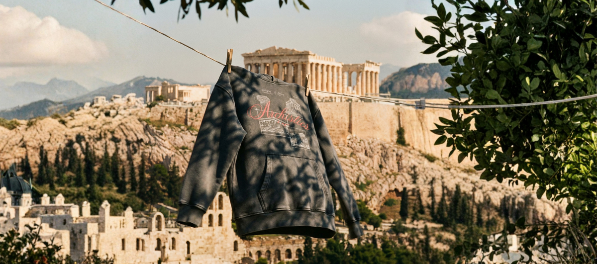 Dark-colored hoodie with an architectural design hanging outdoors, with the ancient Parthenon temple and scenic landscape visible in the background under natural daylight.