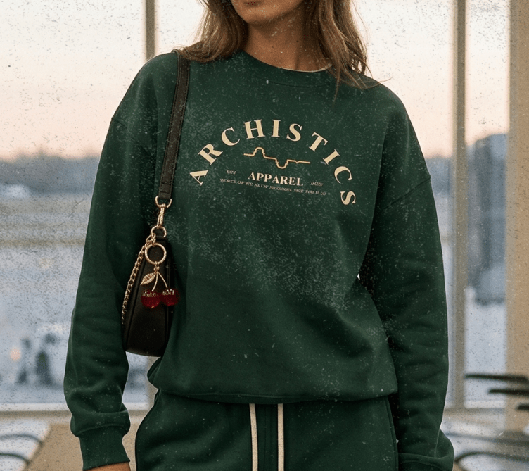 Woman in a green tracksuit standing in an airport terminal.