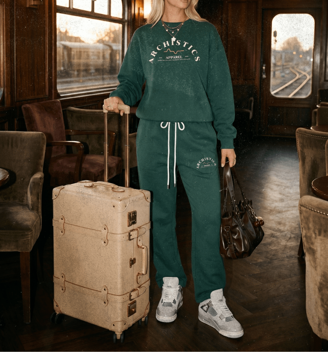 Woman in a green tracksuit standing in a train car with a suitcase.