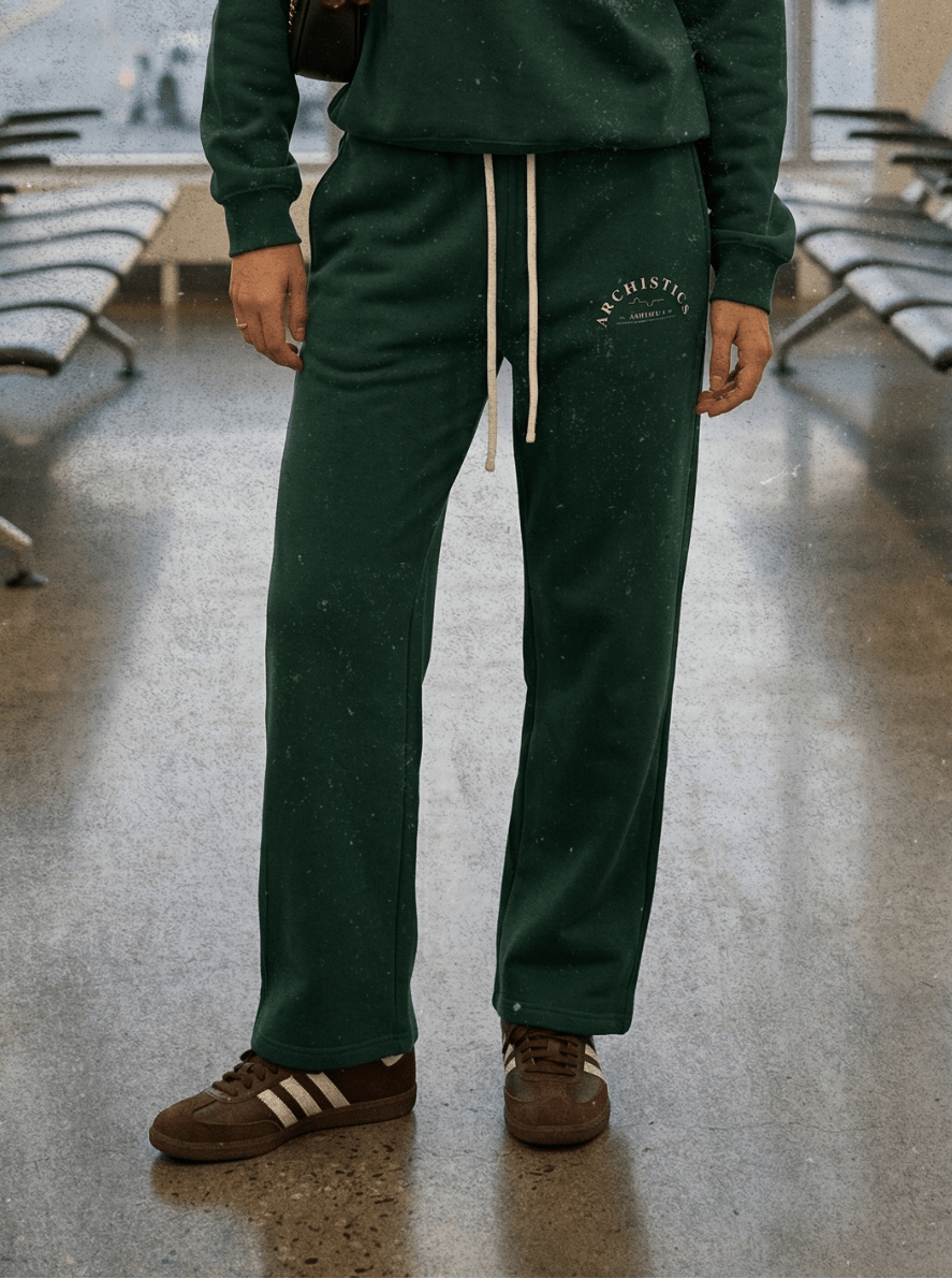 Woman in a green tracksuit standing in an airport terminal.