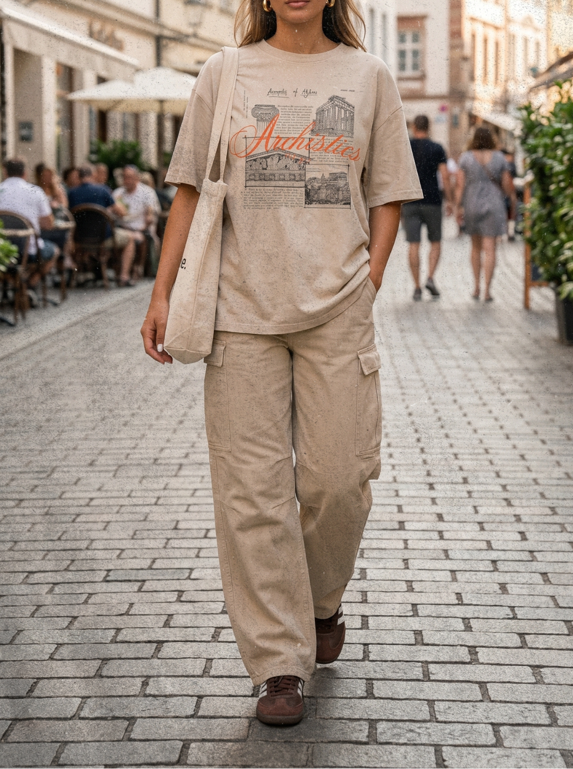 Woman walking on a street wearing a beige graphic t-shirt and pants.