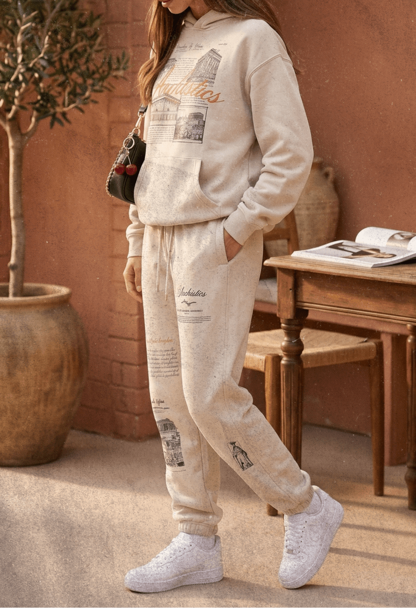 Woman wearing a beige sweatshirt and pants with a cap, standing in a warm-toned indoor setting.